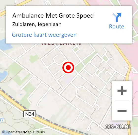 Locatie op kaart van de 112 melding: Ambulance Met Grote Spoed Naar Zuidlaren, Iepenlaan op 28 november 2023 22:57