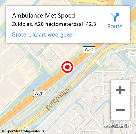 Locatie op kaart van de 112 melding: Ambulance Met Spoed Naar Zuidplas, A20 hectometerpaal: 42,3 op 28 november 2023 23:07