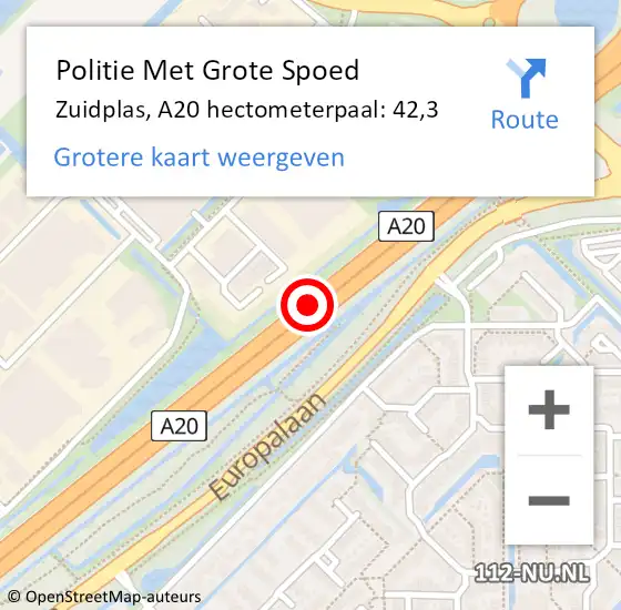 Locatie op kaart van de 112 melding: Politie Met Grote Spoed Naar Zuidplas, A20 hectometerpaal: 42,3 op 28 november 2023 23:08