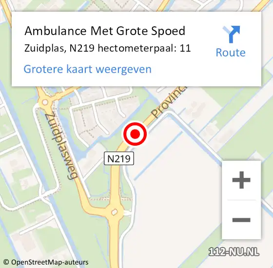 Locatie op kaart van de 112 melding: Ambulance Met Grote Spoed Naar Zuidplas, N219 hectometerpaal: 11 op 28 november 2023 23:20