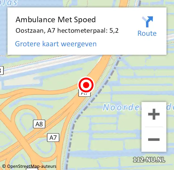 Locatie op kaart van de 112 melding: Ambulance Met Spoed Naar Oostzaan, A7 hectometerpaal: 5,2 op 28 november 2023 23:51