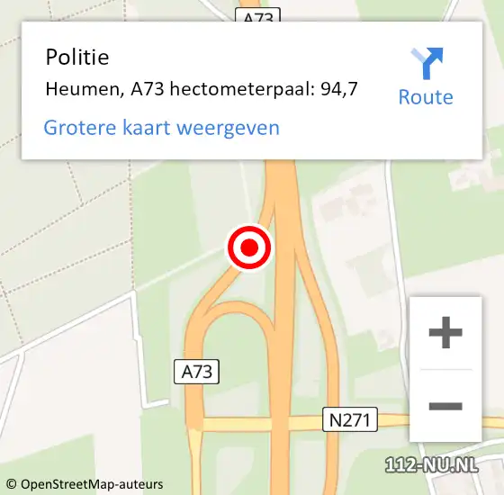 Locatie op kaart van de 112 melding: Politie Heumen, A73 hectometerpaal: 94,7 op 29 november 2023 02:35