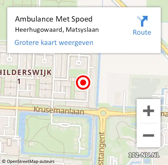 Locatie op kaart van de 112 melding: Ambulance Met Spoed Naar Heerhugowaard, Matsyslaan op 29 november 2023 02:53