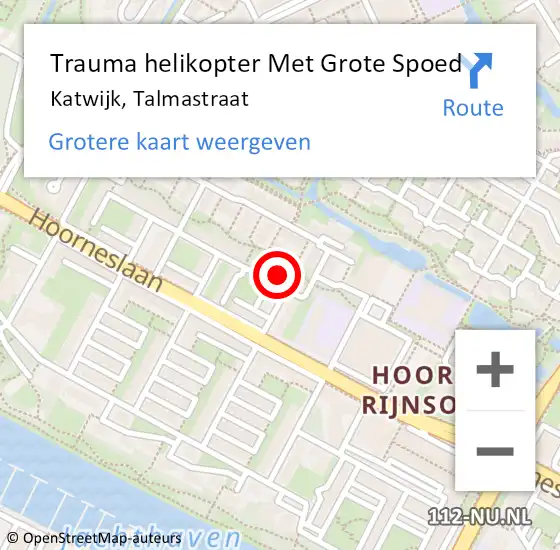 Locatie op kaart van de 112 melding: Trauma helikopter Met Grote Spoed Naar Katwijk, Talmastraat op 29 november 2023 05:29