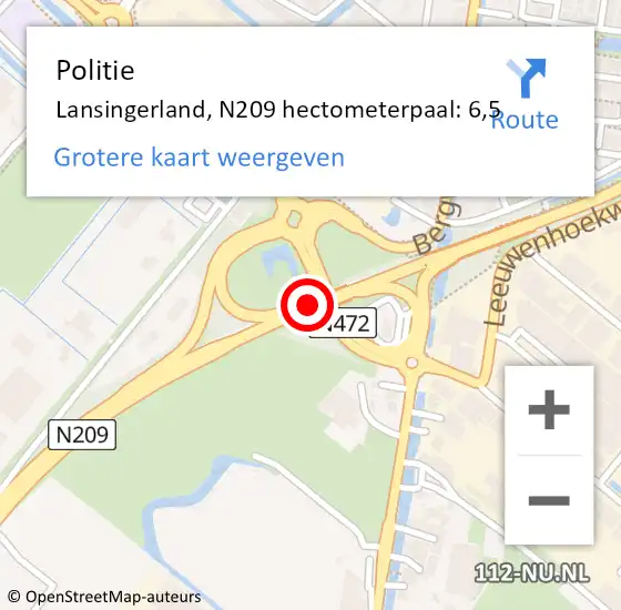 Locatie op kaart van de 112 melding: Politie Lansingerland, N209 hectometerpaal: 6,5 op 29 november 2023 05:31