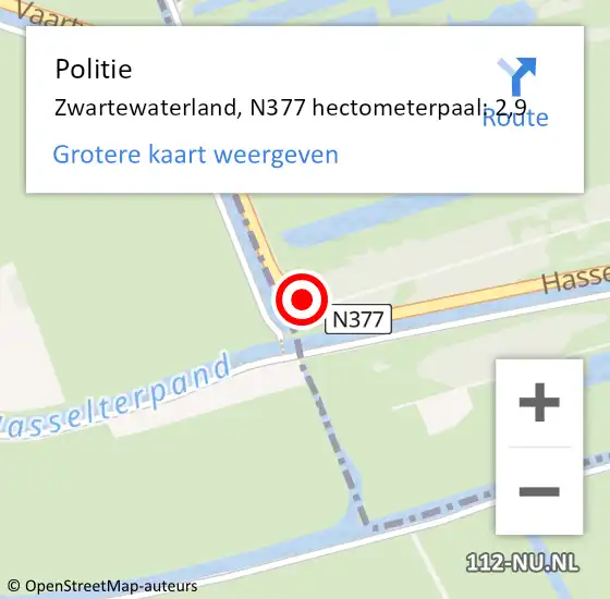 Locatie op kaart van de 112 melding: Politie Zwartewaterland, N377 hectometerpaal: 2,9 op 29 november 2023 05:31