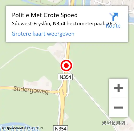 Locatie op kaart van de 112 melding: Politie Met Grote Spoed Naar Súdwest-Fryslân, N354 hectometerpaal: 26,2 op 29 november 2023 07:21