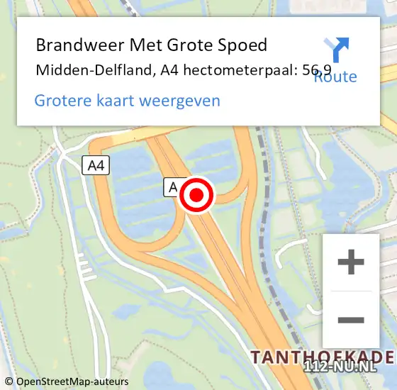 Locatie op kaart van de 112 melding: Brandweer Met Grote Spoed Naar Midden-Delfland, A4 hectometerpaal: 56,9 op 29 november 2023 07:53