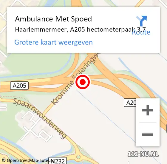 Locatie op kaart van de 112 melding: Ambulance Met Spoed Naar Haarlemmermeer, A205 hectometerpaal: 3,7 op 29 november 2023 11:19