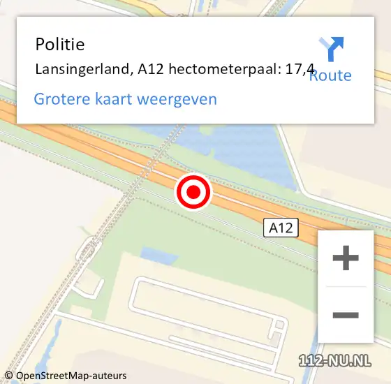 Locatie op kaart van de 112 melding: Politie Lansingerland, A12 hectometerpaal: 17,4 op 29 november 2023 11:37