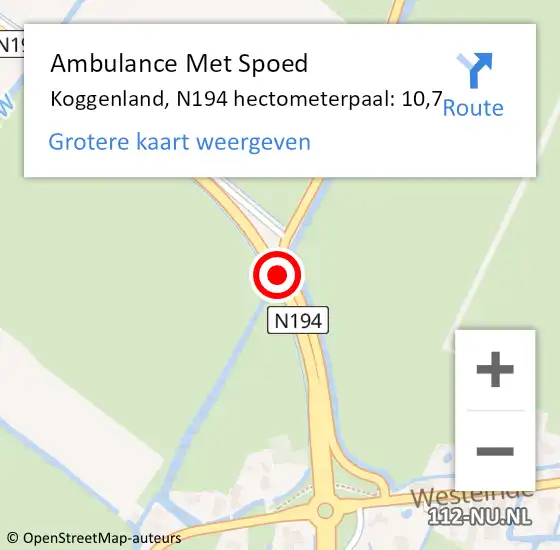 Locatie op kaart van de 112 melding: Ambulance Met Spoed Naar Koggenland, N194 hectometerpaal: 10,7 op 29 november 2023 13:35
