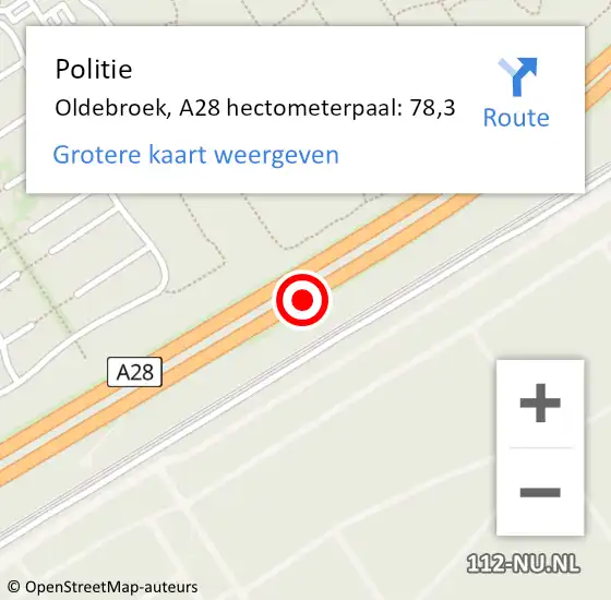 Locatie op kaart van de 112 melding: Politie Oldebroek, A28 hectometerpaal: 78,3 op 29 november 2023 15:04