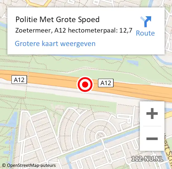 Locatie op kaart van de 112 melding: Politie Met Grote Spoed Naar Zoetermeer, A12 hectometerpaal: 12,7 op 29 november 2023 15:05