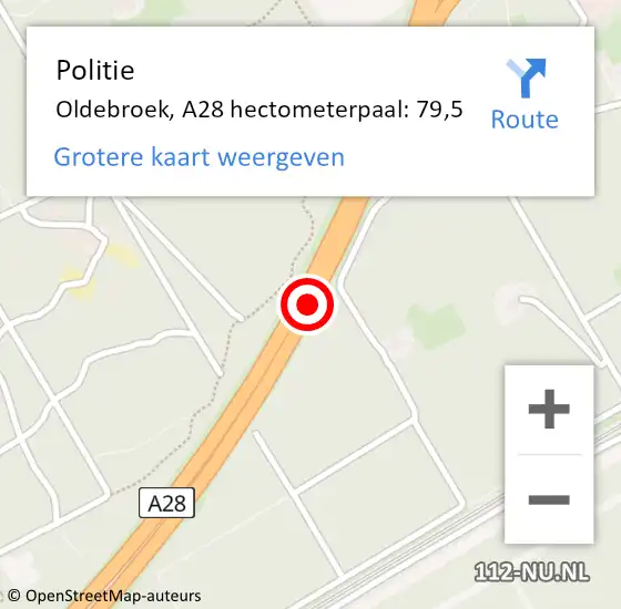 Locatie op kaart van de 112 melding: Politie Oldebroek, A28 hectometerpaal: 79,5 op 29 november 2023 15:06