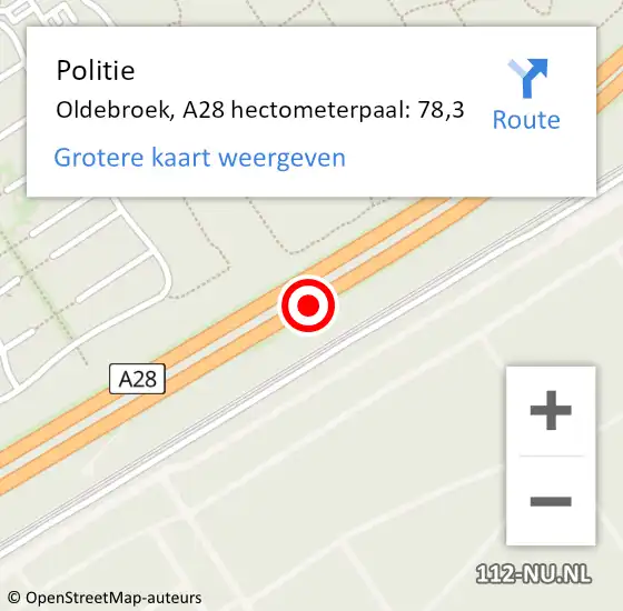 Locatie op kaart van de 112 melding: Politie Oldebroek, A28 hectometerpaal: 78,3 op 29 november 2023 15:08