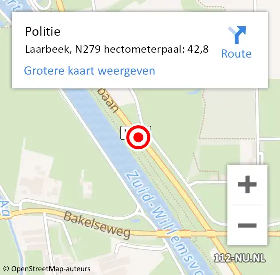 Locatie op kaart van de 112 melding: Politie Laarbeek, N279 hectometerpaal: 42,8 op 29 november 2023 15:08