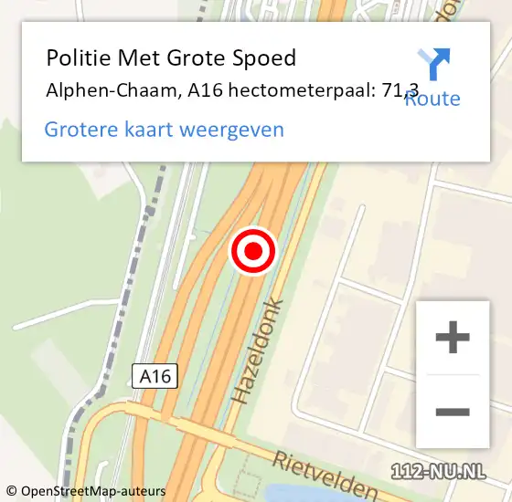 Locatie op kaart van de 112 melding: Politie Met Grote Spoed Naar Alphen-Chaam, A16 hectometerpaal: 71,3 op 29 november 2023 16:53