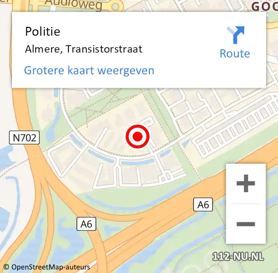 Locatie op kaart van de 112 melding: Politie Almere, Transistorstraat op 30 november 2023 01:54
