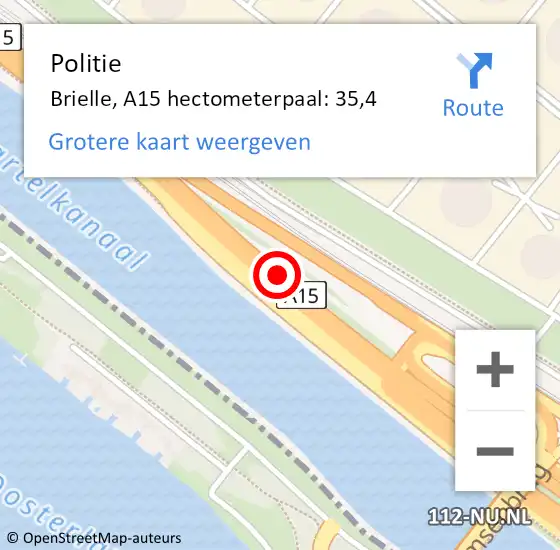 Locatie op kaart van de 112 melding: Politie Brielle, A15 hectometerpaal: 35,4 op 30 november 2023 07:07