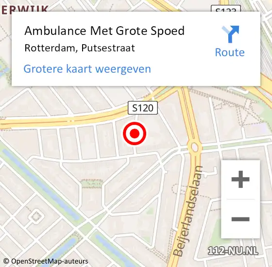 Locatie op kaart van de 112 melding: Ambulance Met Grote Spoed Naar Rotterdam, Putsestraat op 30 november 2023 08:09