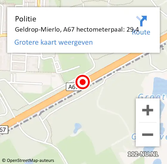 Locatie op kaart van de 112 melding: Politie Geldrop-Mierlo, A67 hectometerpaal: 29,4 op 30 november 2023 08:11