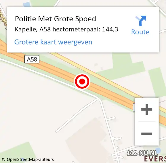 Locatie op kaart van de 112 melding: Politie Met Grote Spoed Naar Kapelle, A58 hectometerpaal: 144,3 op 30 november 2023 08:28