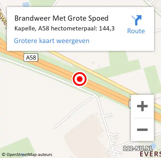 Locatie op kaart van de 112 melding: Brandweer Met Grote Spoed Naar Kapelle, A58 hectometerpaal: 144,3 op 30 november 2023 08:28