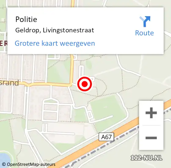 Locatie op kaart van de 112 melding: Politie Geldrop, Livingstonestraat op 30 november 2023 08:47