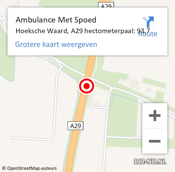 Locatie op kaart van de 112 melding: Ambulance Met Spoed Naar Hoeksche Waard, A29 hectometerpaal: 93,7 op 30 november 2023 09:14