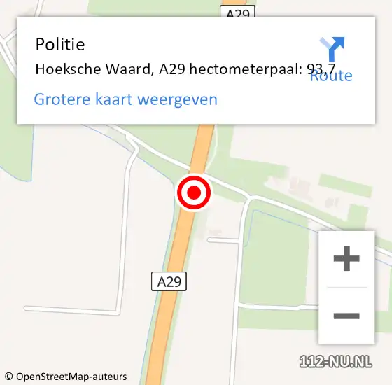 Locatie op kaart van de 112 melding: Politie Hoeksche Waard, A29 hectometerpaal: 93,7 op 30 november 2023 09:15