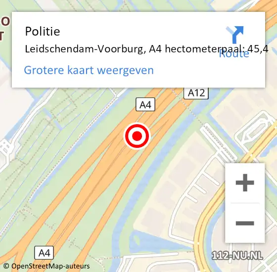 Locatie op kaart van de 112 melding: Politie Leidschendam-Voorburg, A4 hectometerpaal: 45,4 op 30 november 2023 09:24