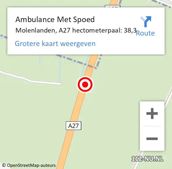 Locatie op kaart van de 112 melding: Ambulance Met Spoed Naar Molenlanden, A27 hectometerpaal: 38,3 op 30 november 2023 09:32