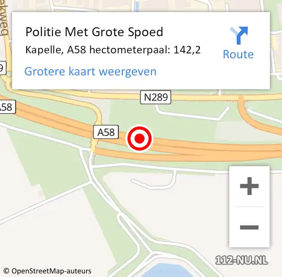 Locatie op kaart van de 112 melding: Politie Met Grote Spoed Naar Kapelle, A58 hectometerpaal: 142,2 op 30 november 2023 09:51