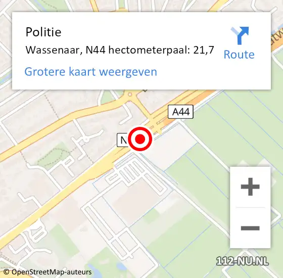 Locatie op kaart van de 112 melding: Politie Wassenaar, N44 hectometerpaal: 21,7 op 30 november 2023 10:56