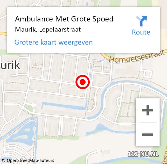 Locatie op kaart van de 112 melding: Ambulance Met Grote Spoed Naar Maurik, Lepelaarstraat op 16 september 2014 23:18