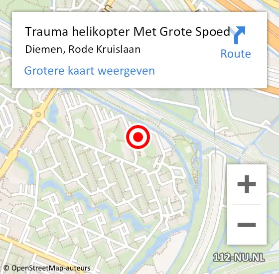 Locatie op kaart van de 112 melding: Trauma helikopter Met Grote Spoed Naar Diemen, Rode Kruislaan op 30 november 2023 13:48