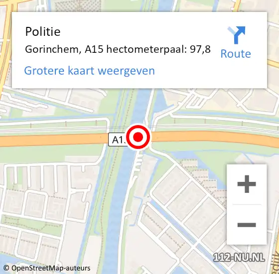 Locatie op kaart van de 112 melding: Politie Gorinchem, A15 hectometerpaal: 97,8 op 30 november 2023 13:48