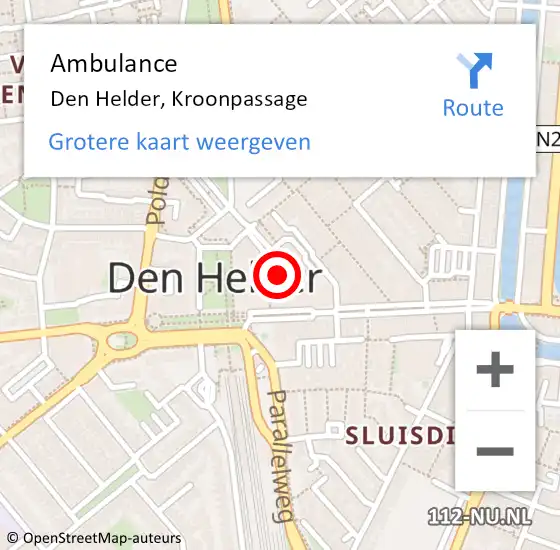 Locatie op kaart van de 112 melding: Ambulance Den Helder, Kroonpassage op 30 november 2023 14:31