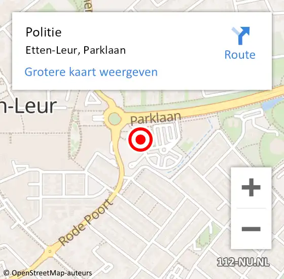 Locatie op kaart van de 112 melding: Politie Etten-Leur, Parklaan op 30 november 2023 14:55