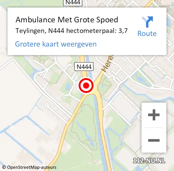 Locatie op kaart van de 112 melding: Ambulance Met Grote Spoed Naar Teylingen, N444 hectometerpaal: 3,7 op 30 november 2023 15:20