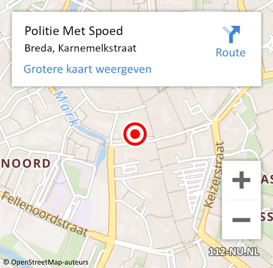 Locatie op kaart van de 112 melding: Politie Met Spoed Naar Breda, Karnemelkstraat op 30 november 2023 16:15