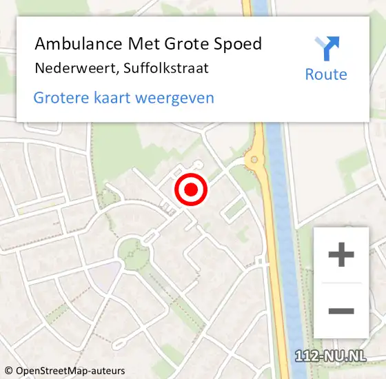 Locatie op kaart van de 112 melding: Ambulance Met Grote Spoed Naar Nederweert, Suffolkstraat op 30 november 2023 16:50