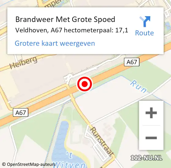 Locatie op kaart van de 112 melding: Brandweer Met Grote Spoed Naar Veldhoven, A67 hectometerpaal: 17,1 op 30 november 2023 17:06