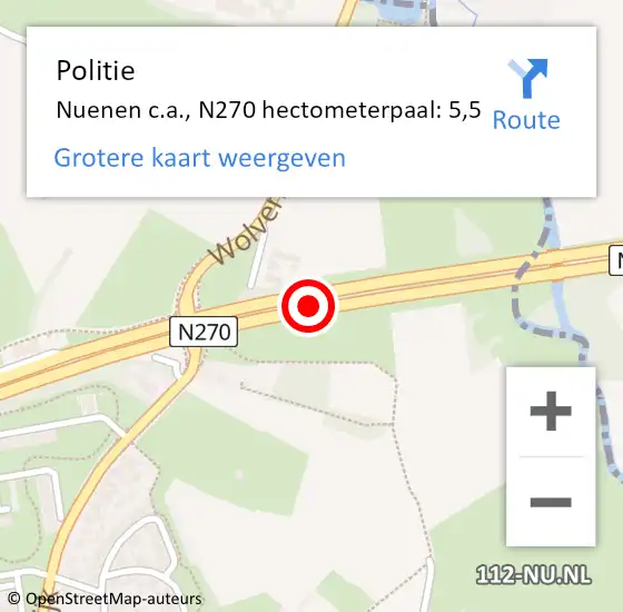 Locatie op kaart van de 112 melding: Politie Nuenen c.a., N270 hectometerpaal: 5,5 op 30 november 2023 17:43