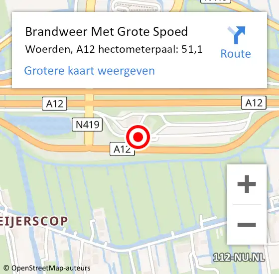 Locatie op kaart van de 112 melding: Brandweer Met Grote Spoed Naar Woerden, A12 hectometerpaal: 51,1 op 30 november 2023 18:14