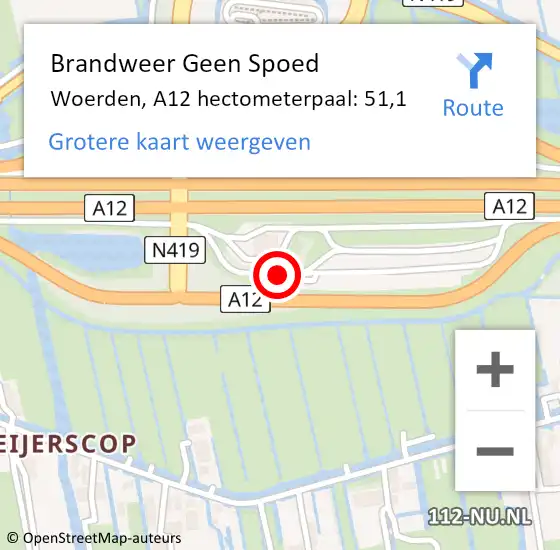 Locatie op kaart van de 112 melding: Brandweer Geen Spoed Naar Woerden, A12 hectometerpaal: 51,1 op 30 november 2023 18:17