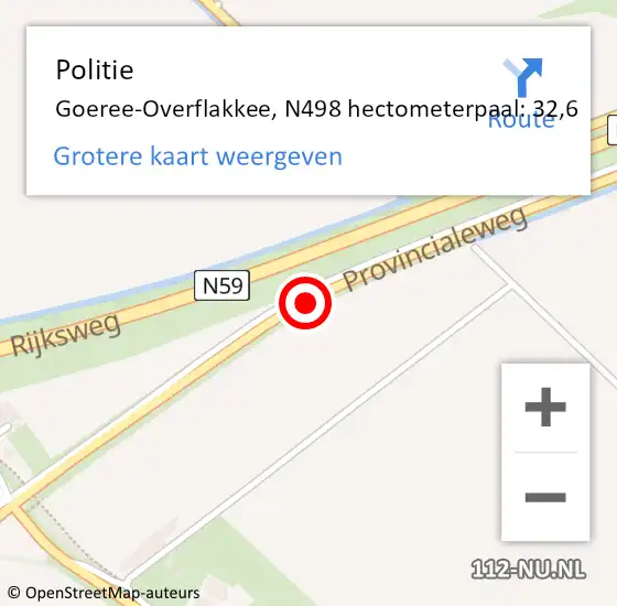 Locatie op kaart van de 112 melding: Politie Goeree-Overflakkee, N498 hectometerpaal: 32,6 op 30 november 2023 18:34