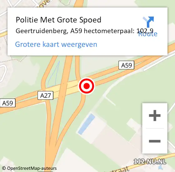 Locatie op kaart van de 112 melding: Politie Met Grote Spoed Naar Geertruidenberg, A59 hectometerpaal: 102,9 op 30 november 2023 18:36