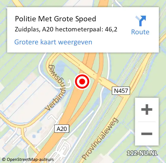 Locatie op kaart van de 112 melding: Politie Met Grote Spoed Naar Zuidplas, A20 hectometerpaal: 46,2 op 30 november 2023 18:49