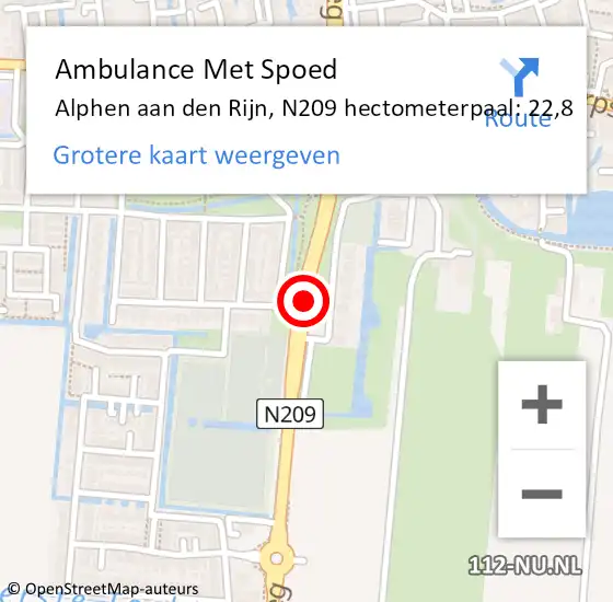 Locatie op kaart van de 112 melding: Ambulance Met Spoed Naar Alphen aan den Rijn, N209 hectometerpaal: 22,8 op 30 november 2023 20:05